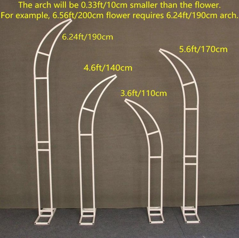 May include: Four white metal arch structures of varying heights, designed for decorative purposes. The tallest arch is 6.24ft (190cm), followed by 5.6ft (170cm), 4.6ft (140cm), and 3.6ft (110cm). Text on the image indicates the arch is smaller than the flower.