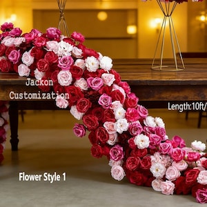 May include: A wooden table adorned with a cascading floral arrangement. The flowers are a mix of red, pink, and white roses. The table is 10 feet long. Text on the image reads "Jackon Customization" and "Flower Style 1".