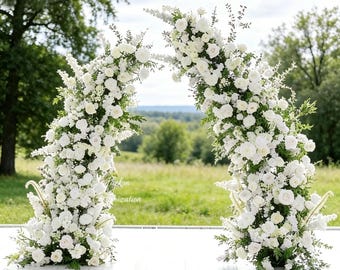 White Wedding Arch Flowers, Artificial Ceremony Backdrop Floral Decor