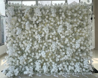 5D Flower Wall White Gypsophila Orchid Rose Curtain Flower Wall Wedding Backdrop Decor Baby Breath Rolling Up Cloth Floral Wall Arrangement