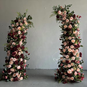Burgundy Dusty Pink Wedding Horn Arch Flower Arrangement Artificial Fake Pillar Flower Shop Front Decor Floral Home Decoration Shoot Props