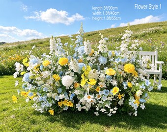 Arreglo floral de flores silvestres azules, amarillas y blancas, flores artificiales para el pasillo nupcial, decoración floral de primavera.