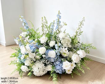 Arreglo floral azul y blanco para el suelo de la boda, decoración del pasillo de la iglesia