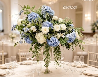 Blue Hydrangea White Rose Centerpiece, Artificial Greenery Hanging Vine Floral Arrangement, Wedding Table Decor