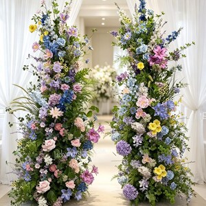 Peut inclure: Deux grands arrangements floraux verticaux composés de fleurs bleues, roses, jaunes et violettes avec du feuillage vert. Le texte 'Flower Style 1' figure en haut à droite et '1pair L6.6ft/200cm' est inscrit en bas au centre.