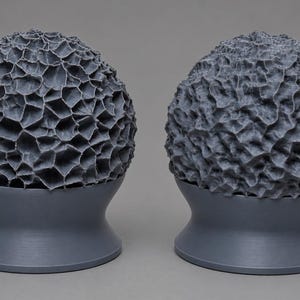 May include: Two dark gray spherical objects with intricate, textured surfaces resembling honeycomb or coral structures. Each sphere is mounted on a smooth, flared, circular base of the same dark gray color, creating a balanced display.