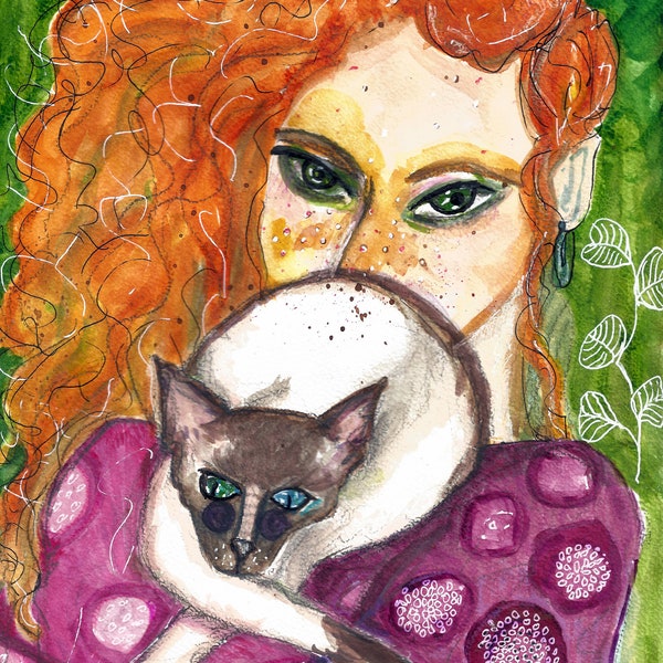 Cat Lady 4, Mixed Media auf Aquarellpapier, Original Bild, handgemaltes Unikat