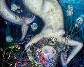 Too close to heaven -Siren//Painting based on a fairy tale by H.C. Andersen, available as a print, figurative, unique