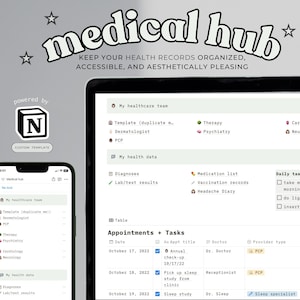 May include: A screenshot of a computer screen showing a digital health record system called "Medical Hub". The system allows users to keep track of their healthcare team, diagnoses, medication list, daily tasks, and appointments. The system is designed to be organized, accessible, and aesthetically pleasing.