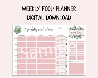 DIGITAL DOWNLOAD Weekly Food Planner  - Mellymays Design - Monday to Sunday - Food Shop List + Goals for Breakfast, Lunch, Dinner, Snacks