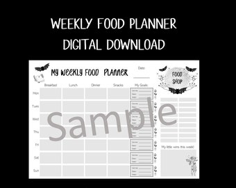 DIGITAL DOWNLOAD Weekly Food Planner  - Gothic Design - Monday to Sunday - Food Shop List + Goals for Breakfast, Lunch, Dinner, Snacks