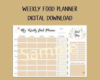 DIGITAL DOWNLOAD Weekly Food Planner  - Celestial Design - Monday to Sunday - Food Shop List + Goals for Breakfast, Lunch, Dinner, Snack