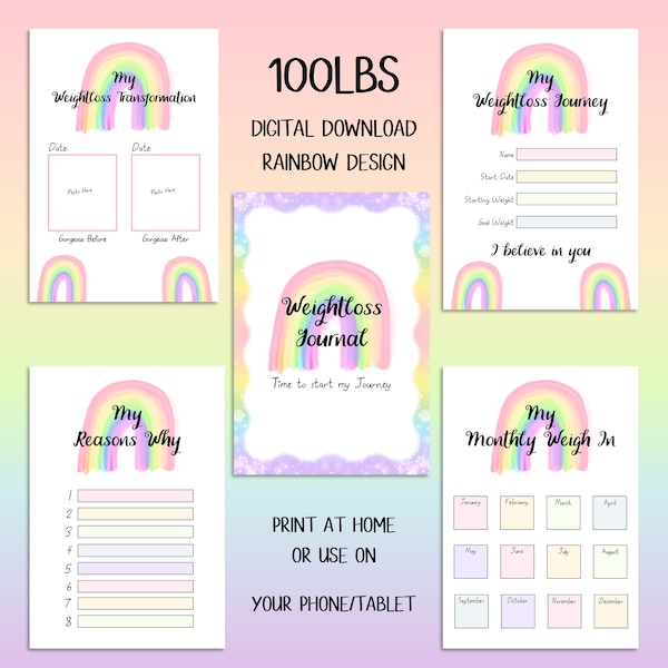 デジタルダウンロード 100lbs Over The Rainbow 減量ジャーナル - 測定値、毎週の体重測定、減量したポンド数、減量の報酬を含む