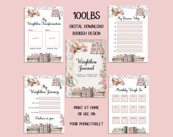 DIGITAL DOWNLOAD 100lbs Bookish Weightloss Journal - Including Measurements, Weekly Weigh in, Pounds Lost and Weightloss Rewards