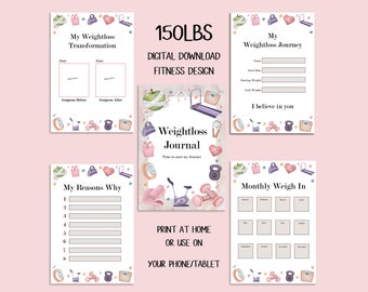 DIGITAL DOWNLOAD 150lbs Fitness Weightloss Journal - Including Measurements, Weekly Weigh in, Pounds Lost and Weightloss Rewards