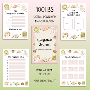 May include: A digital weight loss journal with a matcha design. The journal includes pages for tracking weight, reasons, and monthly weigh-ins. The text includes "My Weightloss Journey", "My Weightloss Transformation", and "My Reasons Why".