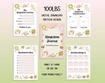 DIGITAL DOWNLOAD 100lbs Matcha Weightloss Journal - Including Measurements, Weekly Weigh in, Pounds Lost and Weightloss Rewards