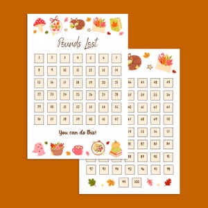 K&ouml;nnte beinhalten: Zwei Gewichtsverlust-Tracker-Bl&auml;tter mit Herbstthema. Die Bl&auml;tter haben ein Raster mit Zahlen, dekorative Illustrationen eines Fuchses, Bl&auml;ttern und einem Pilz sowie den Text "Pounds Lost" und "You can do this!"
