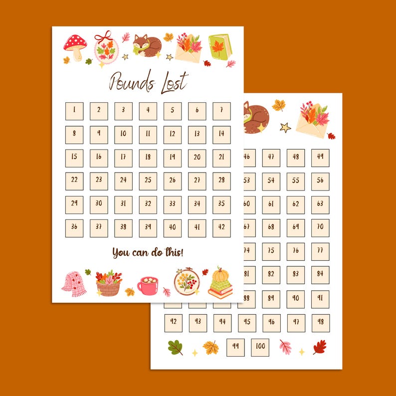 K&ouml;nnte beinhalten: Zwei Gewichtsverlust-Tracker-Bl&auml;tter mit Herbstthema. Die Bl&auml;tter haben ein Raster mit Zahlen, dekorative Illustrationen eines Fuchses, Bl&auml;ttern und einem Pilz sowie den Text "Pounds Lost" und "You can do this!"