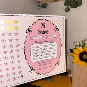 May include: A pink and white 75-day Shine tracker with gold stars and a pink oval in the center. The tracker includes daily rules and a motivational quote. The start date is February 1st, and the finish date is April 16th.