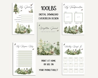 DIGITAL DOWNLOAD EVERGREEN 100lbs Weightloss Journal - Including Measurements, Weekly Weigh in, Pounds Lost and Weightloss Rewards