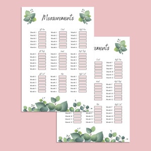 May include: A printable chart with a floral design and a grid for tracking measurements. The chart includes sections for chest, waist, hips, left arm, left thigh, left calf, right arm, right thigh, and right calf. The chart is designed to track measurements over 12 months.