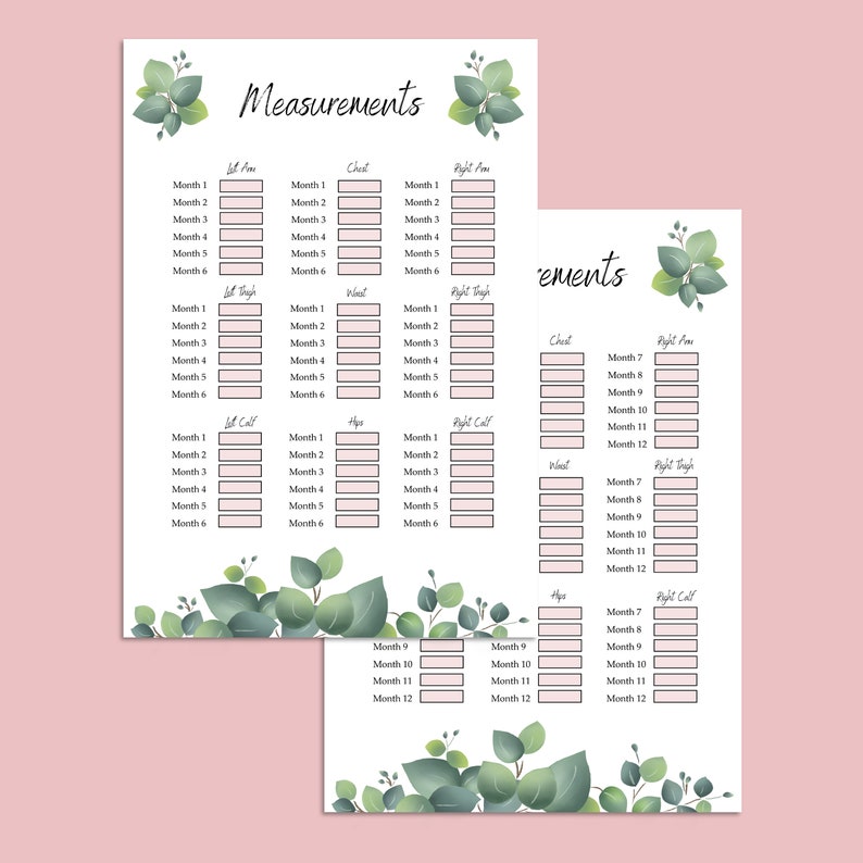 May include: A printable chart with a floral design and a grid for tracking measurements. The chart includes sections for chest, waist, hips, left arm, left thigh, left calf, right arm, right thigh, and right calf. The chart is designed to track measurements over 12 months.