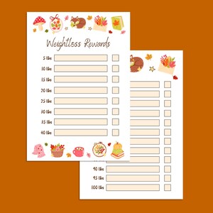 K&ouml;nnte beinhalten: Zwei wei&szlig;e Papierb&ouml;gen mit dem Text "Weightless Rewards" und Illustrationen von Herbstbl&auml;ttern, einem Fuchs und einem Pilz. Die B&ouml;gen haben K&auml;stchen zum Ankreuzen von Gewichtsverlust-Meilensteinen von 2.27 kg bis 45.36 kg.