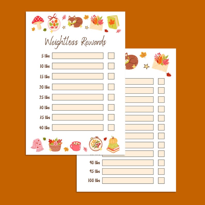 K&ouml;nnte beinhalten: Zwei wei&szlig;e Papierb&ouml;gen mit dem Text "Weightless Rewards" und Illustrationen von Herbstbl&auml;ttern, einem Fuchs und einem Pilz. Die B&ouml;gen haben K&auml;stchen zum Ankreuzen von Gewichtsverlust-Meilensteinen von 2.27 kg bis 45.36 kg.