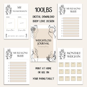 Pode incluir: Diário de perda de peso imprimível com um design floral. O diário inclui páginas para acompanhar a perda de peso, os motivos da perda de peso e um rastreador de peso mensal. O diário é projetado para ajudar as pessoas em sua jornada de perda de peso.