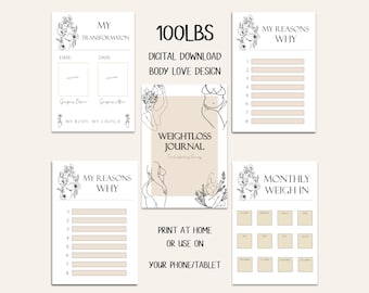 DIGITAL DOWNLOAD BODY Love 100lbs Weightloss Journal - Including Measurements, Weekly Weigh in, Pounds Lost and Weightloss Rewards