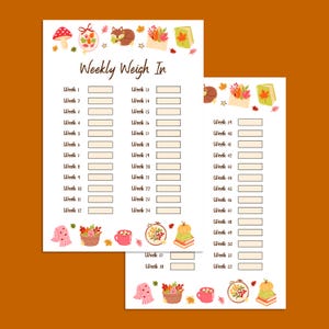K&ouml;nnte beinhalten: Zweiseitiger, druckbarer Wochen-Wiege-Tracker mit Herbstthema. Die Seiten zeigen dekorative Illustrationen eines Pilzes, eines Fuchses, Bl&auml;ttern und anderen Herbst-Elementen. Der Titel "Weekly Weigh In" steht oben.