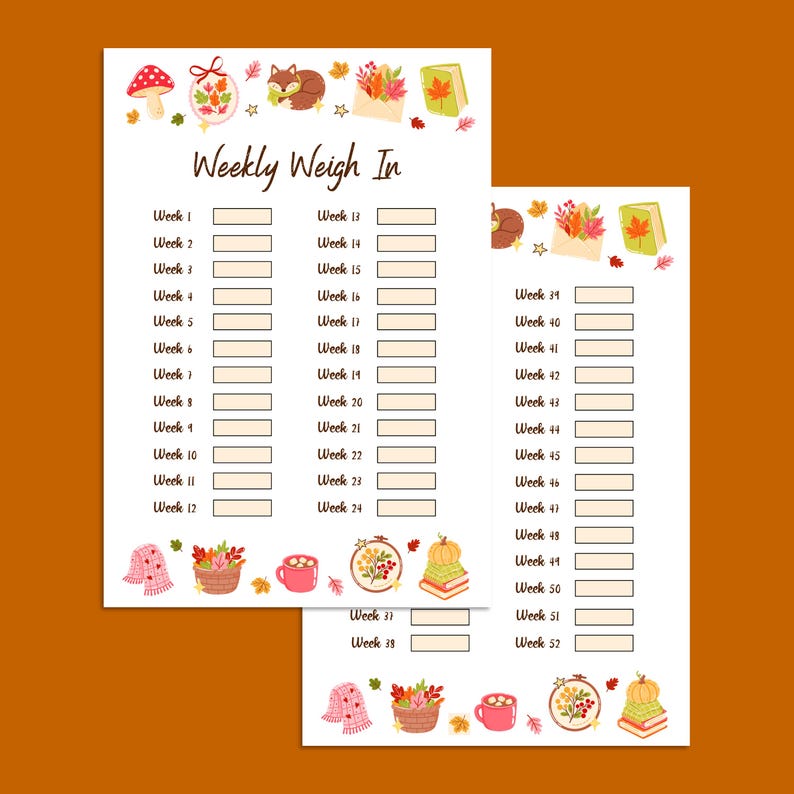K&ouml;nnte beinhalten: Zweiseitiger, druckbarer Wochen-Wiege-Tracker mit Herbstthema. Die Seiten zeigen dekorative Illustrationen eines Pilzes, eines Fuchses, Bl&auml;ttern und anderen Herbst-Elementen. Der Titel "Weekly Weigh In" steht oben.