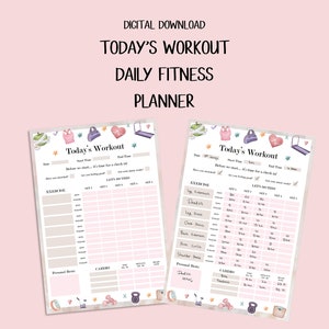 Puede incluir: Descarga digital imprimible de un planificador de entrenamiento rosa y blanco con un diseño de acuarela. El planificador incluye secciones para "Entrenamiento de hoy", "Ejercicio", "Series", "Repeticiones", "Cardio" y "Notas personales".