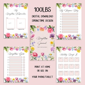 Peut inclure: Journal de perte de poids imprimable avec un design floral. Le journal comprend des pages pour suivre les objectifs de perte de poids, les raisons de la perte de poids et les tableaux mensuels de pesée. Le journal est disponible en téléchargement numérique et peut être imprimé à la maison ou utilisé sur un téléphone ou une tablette.