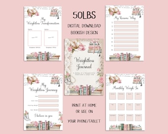 DIGITAL DOWNLOAD 50lbs Bookish Weightloss Journal - Including Measurements, Weekly Weigh in, Pounds Lost and Weightloss Rewards