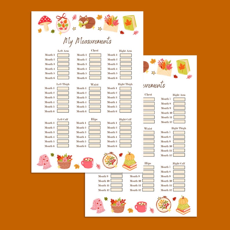 K&ouml;nnte beinhalten: Zwei wei&szlig;e Messprotokollbl&auml;tter mit dem Text "My Measurements" und herbstlichen Illustrationen. Die Bl&auml;tter enthalten Abschnitte zur Aufzeichnung von K&ouml;rperma&szlig;en &uuml;ber mehrere Monate, wie z. B. linker Arm, Brust und Taille.