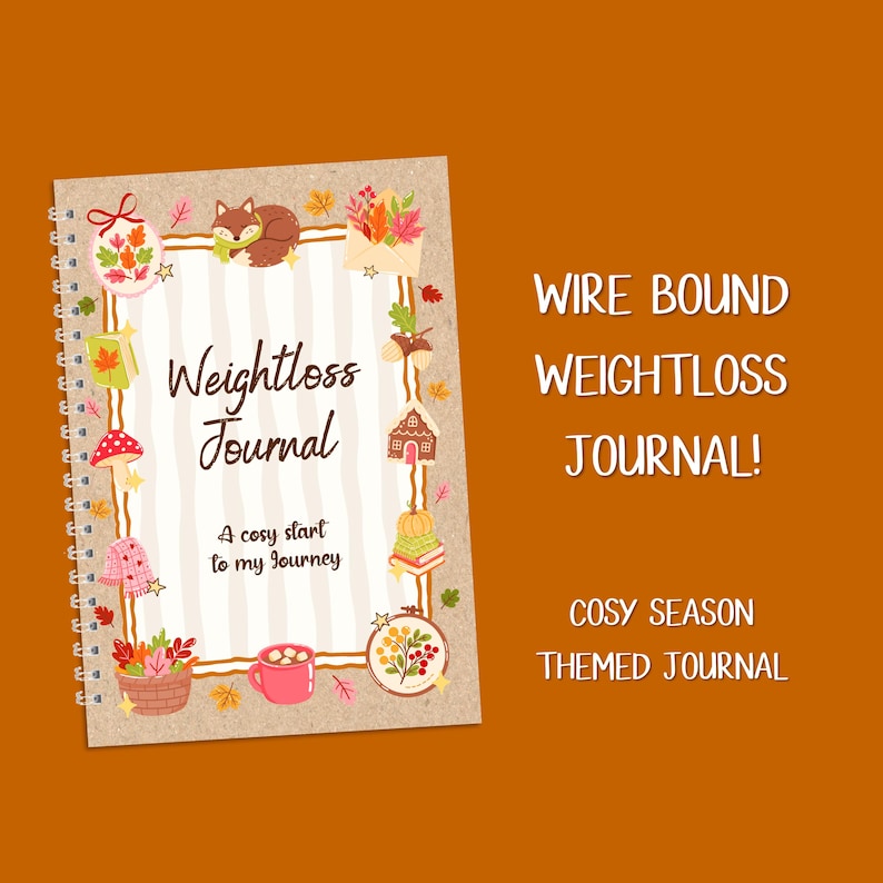 K&ouml;nnte beinhalten: Ein drahtgebundenes "Weightloss Journal" mit einem gem&uuml;tlichen Saison-Thema. Das Cover zeigt einen dekorativen Rahmen mit herbstlichen Illustrationen, darunter ein Fuchs, Bl&auml;tter und ein Lebkuchenhaus. Der Titel des Journals ist in eleganter Schrift gehalten.