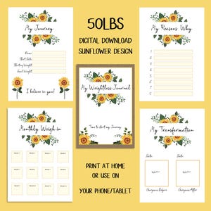 DIGITALE DOWNLOAD 50 lbs zonnebloem Gewichtsverliesdagboek, inclusief metingen, wekelijks gewicht, verloren kilo's en beloningen voor gewichtsverlies