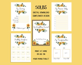 DIGITAL DOWNLOAD 50lbs Sunflower Weightloss Journal,  Including Measurements, Weekly Weigh in, Pounds Lost and Weightloss Rewards