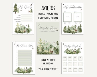 DIGITAL DOWNLOAD EVERGREEN 50lbs Weightloss Journal - Including Measurements, Weekly Weigh in, Pounds Lost and Weightloss Rewards
