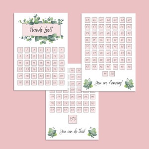 May include: Three printable weight loss tracker sheets with a green leafy design. The first sheet has the title "Pounds Lost!" and numbers 1 to 42 in a grid. The second sheet has numbers 43 to 100 in a grid. The third sheet has numbers 104 to 150 in a grid. The second sheet has the text "You are Amazing!" and the third sheet has the text "You can do this!"