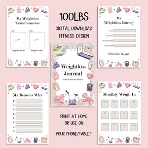 Pode incluir: Diário de perda de peso imprimível com um design de aquarela que apresenta halteres, uma esteira, um tapete de ioga e outros equipamentos de ginástica. O diário inclui páginas para acompanhar o peso, as metas e os motivos para perder peso. O texto da capa diz "Weightloss Journal".