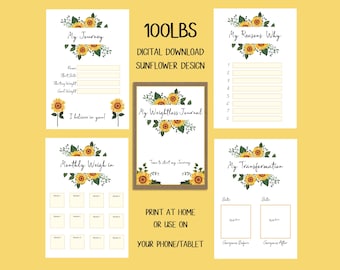 DIGITAL DOWNLOAD 100lbs Sunflower Weightloss Journal,  Including Measurements, Weekly Weigh in, Pounds Lost and Weightloss Rewards