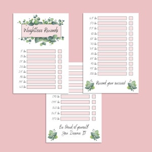May include: Printable weight loss tracker with a green leafy design. The tracker has checkboxes for weight loss milestones from 5 to 150 pounds. The text "Weightless Rewards" is at the top of the page. The text "Be Proud of yourself! You Deserve It!" is at the bottom of the page.