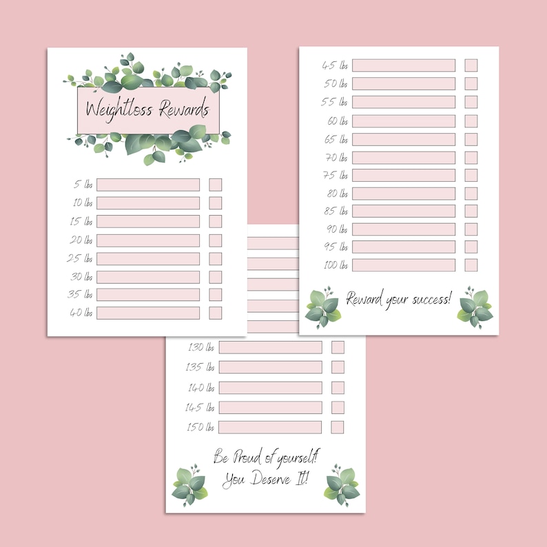 May include: Printable weight loss tracker with a green leafy design. The tracker has checkboxes for weight loss milestones from 5 to 150 pounds. The text "Weightless Rewards" is at the top of the page. The text "Be Proud of yourself! You Deserve It!" is at the bottom of the page.