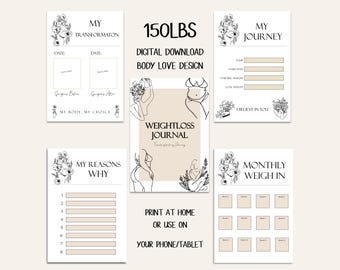 DIGITAL DOWNLOAD 150lbs Body Love Weightloss Journal - Including Measurements, Weekly Weigh in, Pounds Lost and Weightloss Rewards