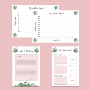 May include: Printable weight loss tracker with a green floral design. The tracker includes a weight loss chart, a non-scale victories tracker, and a letter to your body.