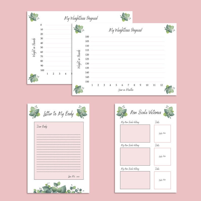 May include: Printable weight loss tracker with a green floral design. The tracker includes a weight loss chart, a non-scale victories tracker, and a letter to your body.