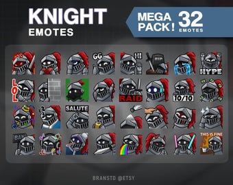 Puede incluir: Un conjunto de 32 emoticonos digitales de Twitch que representan a un caballero en varias poses y expresiones. Los emoticonos incluyen "GG", "HI", "RIP", "HYPE", "LOL", "RAID", "10/10", "SALUTE", "BAN" y "THIS IS FINE".